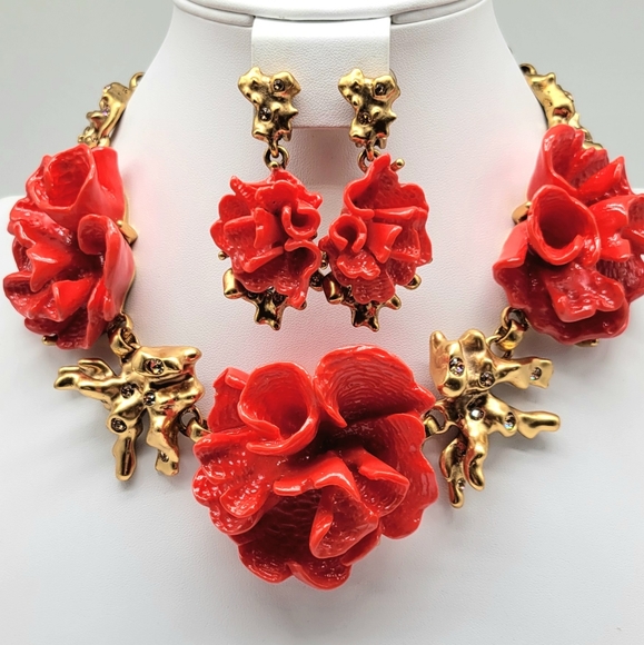 Oscar de la Renta Coral Flower + Branch Statement Jewelry Set Resin + Swarovskis - Picture 6 of 12